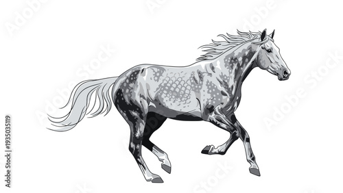 Majestic grey horse running freely captured in a detailed digital illustration showing movement, power, and the beauty of equine animals.