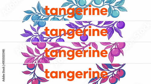 Repeating tangerine logo pattern with blue and purple floral vines on a striped white background, a decorative branding motif for design, packaging, and marketing assets.