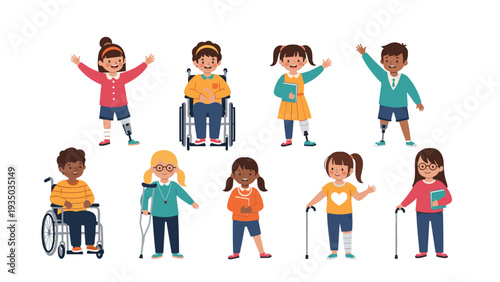 Inclusive group of children with various physical disabilities shown smiling and active to promote diversity, equality, and social representation.