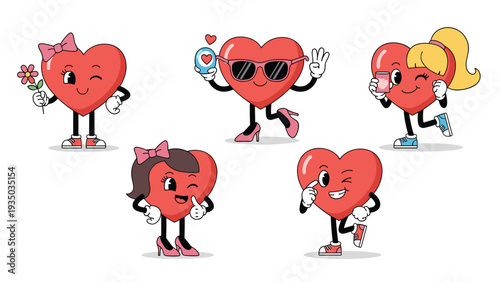 Cute cartoon heart characters with various facial expressions and accessories representing different emotions and romantic concepts in a fun way.