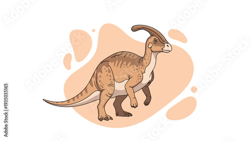 Detailed illustration of a parasaurolophus dinosaur with its distinctive head crest shown walking against a simple abstract background.