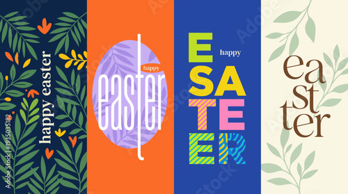 Vibrant Easter and spring collage with four vertical panels, leafy foliage, botanical textures, and bold typography for festive seasonal design.