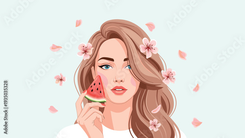 Portrait of a beautiful woman with long hair decorated with pink cherry blossoms holding a slice of watermelon on a soft blue background.