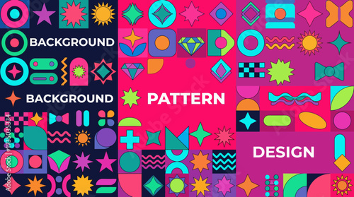 Vibrant geometric pattern collage with colorful shapes, abstract backgrounds, and modern design elements for digital art and branding