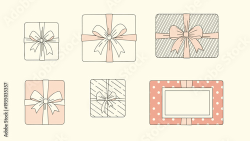 Assorted collection of gift boxes wrapped in pink and cream paper with elegant bows for birthday, holiday, or anniversary celebration themes.