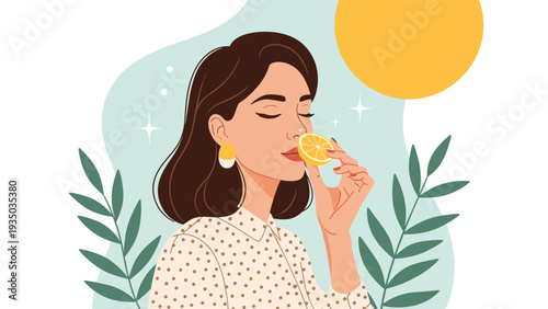 Serene woman with her eyes closed smelling a slice of lemon under a bright yellow sun for a theme of freshness, nature, and summer vibes.