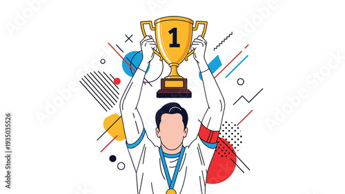 Victorious athlete holding a large gold trophy with the number one over his head celebrating success against a colorful abstract background.