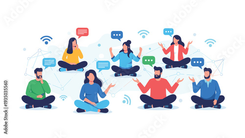 Group of people sitting in a circle and communicating through network connections for concepts of social networking, teamwork, and global dialogue.