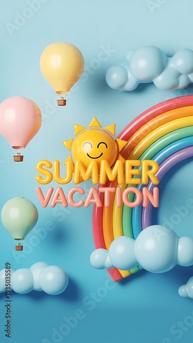 Vertical 3D of a summer vacation theme with hot air balloons and a rainbow