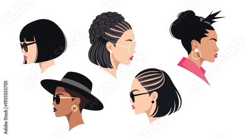 Portraits of diverse women showing various braided and cultural hairstyles with stylish accessories like sunglasses, hats, and earrings.