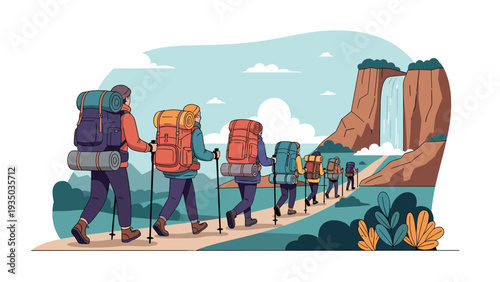 Group of hikers with large backpacks walking along a mountain trail towards a scenic waterfall in a travel and outdoor adventure scene.