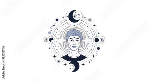 Mystical astrological portrait of a young person centered within a geometric design featuring moon phases, stars, and celestial light rays on white.