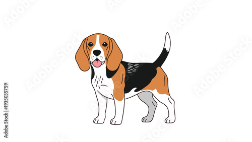 Cute beagle puppy standing in a side profile view against a white background featuring classic tri-color markings and a wagging tail.