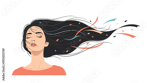 Beautiful young woman with long dark hair flowing in the wind decorated with colorful confetti particles against a clean white background.