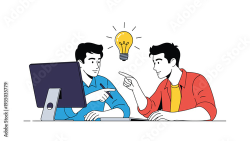 Two young creative professionals collaborating at a computer desk with a bright yellow lightbulb icon representing a successful new idea.