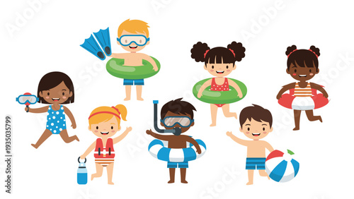 Group of diverse children enjoying summer activities with swimming gear like goggles, flippers, and colorful inflatable floaties for pool fun.