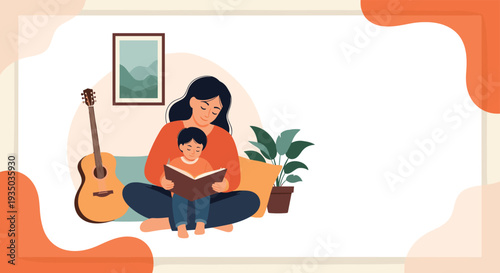 Loving mother sits on the floor with her small child to read an engaging storybook together in a warm and comfortable home environment near plants.