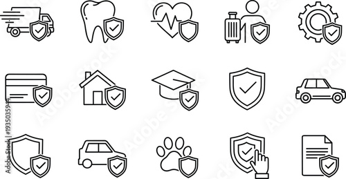 Security and Protection Icon Set for Delivery, Health, Car, Education, and Financial Services with Shield Symbols