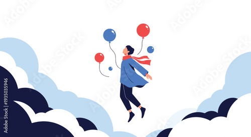 Dreamy illustration of a person floating high in the sky among soft clouds while being pulled upward by several colorful red and blue balloons.
