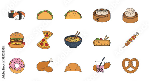 Set of Flat Line Art Food Icons and Popular International Street Food Snacks Vector Illustration