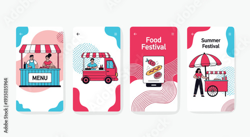 Mobile application user interface screens for food and summer festivals showcase illustrations of food trucks, kiosks, and seasonal event details.