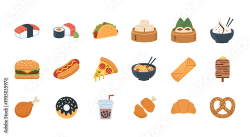 International Fast Food and Street Food Icon Set Flat Vector Illustration