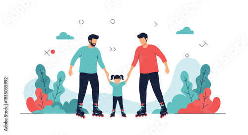 Active family with two men and a small girl enjoy rollerblading together on a path surrounded by stylized green plants and decorative geometric icons.