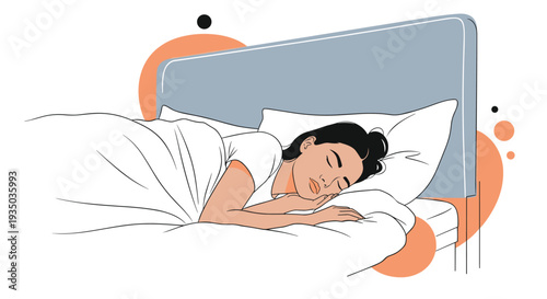 Peaceful woman sleeps soundly in a comfortable bed with soft white pillows and a modern blue headboard, surrounded by calming abstract peach circles.