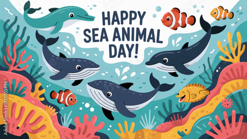 Vibrant ocean scene with dolphins sea creatures and coral on sea animal day