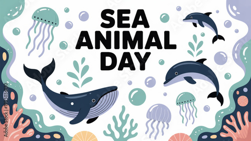 Sea animal day illustration with whales dolphins and jellyfish in oceanic scene