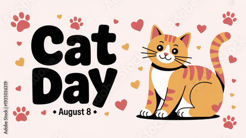 Cartoon cat sitting surrounded by hearts and paw prints on cat day august 8th