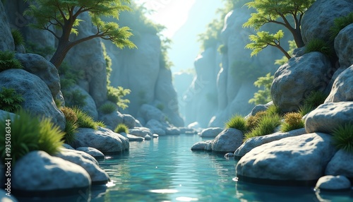 Serene River Flows Through Majestic Rocky Canyon With Lush Greenery Sunlight Dappling Water Surface