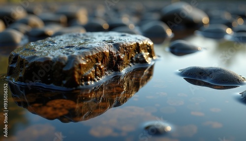 Close Up Of Wet Rocks In Shallow Water With Reflections And Sun Flare