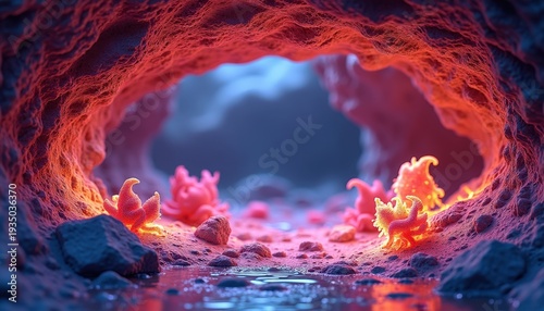 Illuminated Cavern Entrance With Glowing Coral Like Structures And Reflective Water Surface