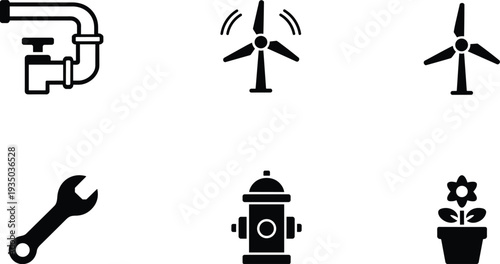 Set Of Industrial Icons Including Wind Turbine Wrench Water Pipe Fire Hydrant And Flower Pot For Sustainable Energy And Utility Design