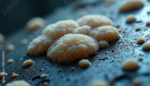 Close up Macro Shot of Pale Yellow Fungal Colonies Growing on a Wet Metallic Surface with Glistening Water Droplets