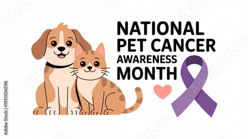 National pet cancer awareness month graphic with dog cat purple ribbon and heart for animal health campaign