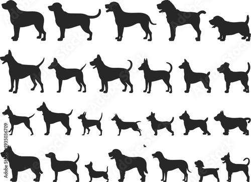Dog silhouettes collection different breeds standing vector set isolated on white background pet animal canine icon design