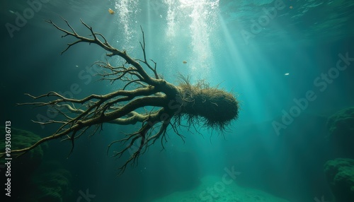Underwater scene with sunlight filtering through water illuminating a decaying tree branch with small bubbles rising