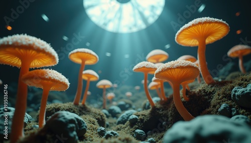 Ethereal Bioluminescent Mushrooms Glow Under an Alien Sky with Rays of Light Illuminating the Mysterious Landscape