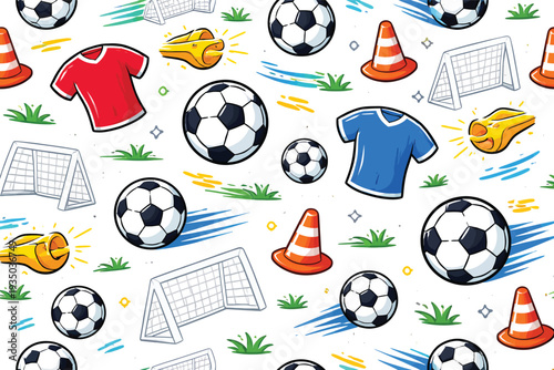 Seamless soccer pattern with footballs, jerseys, goalposts, cones, and whistles vector