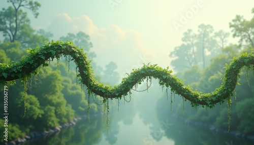 Lush Green Vine Crossing Over Serene River Amidst Dense Forest Canopy Bathed in Soft Sunlight creating a Peaceful