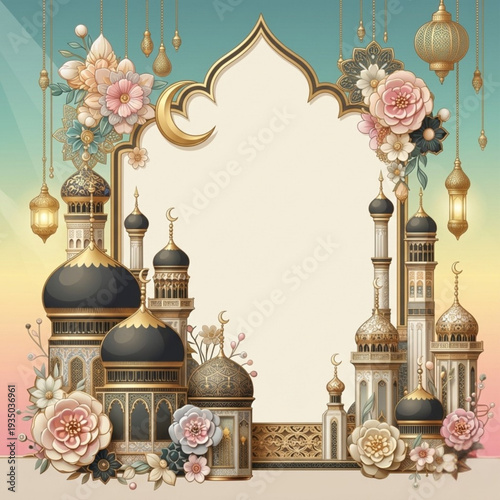 Elegant Islamic Frame with Mosque Ornament and Pastel Flowers