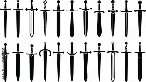 Medieval sword silhouettes collection with fantasy blades and dagger weapons vector set isolated on dark background for historical, knight and weapon design