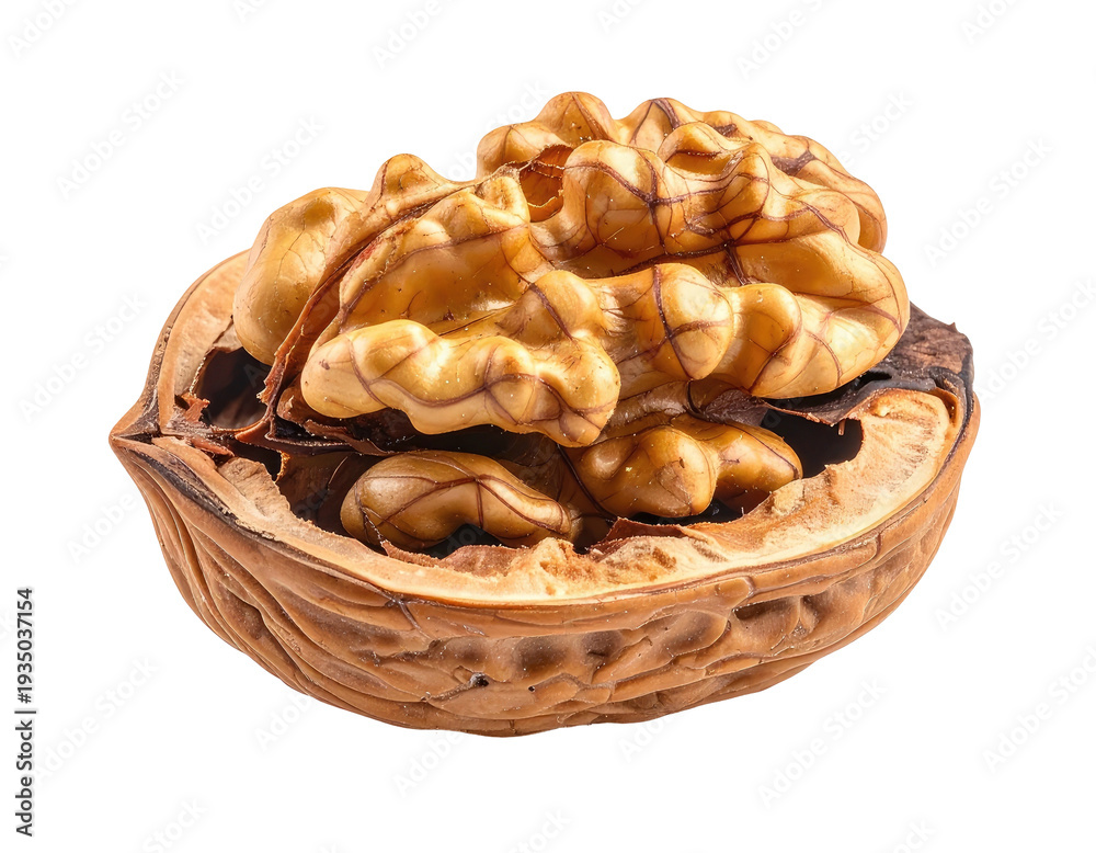 Fototapeta premium A cracked walnut shell revealing its rich, textured kernel halves