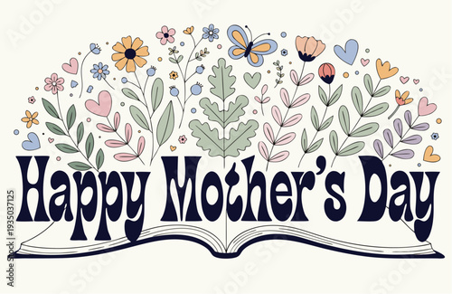 A colorful vector graphic illustration of an open book with flowers and butterflies emerging from it, celebrating Mother's Day