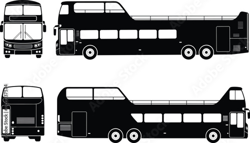 Double decker bus silhouette set front side and rear views public transport vehicle vector illustration isolated on white