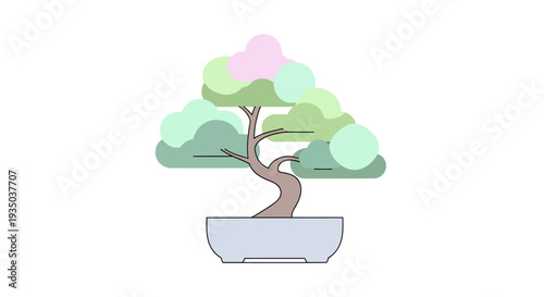 Minimalist Bonsai Tree in a Pot, Green and Pink Foliage