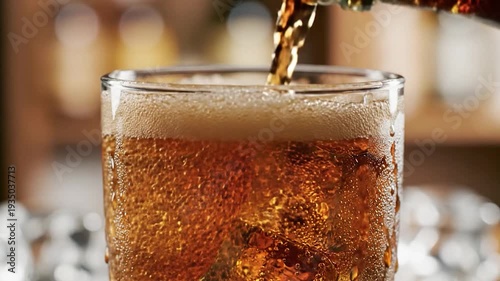 Refreshing dark beverage being poured into a glass with ice cubes, creating