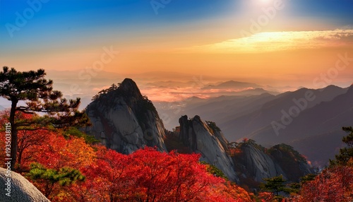 This Is Bukhansan Mountain In Autumn Dyed Red